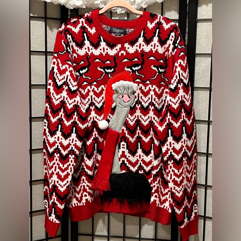 33Degrees Red and Black MENS OSTRICH UGLY CHRISTMAS Sweater SIZE XL